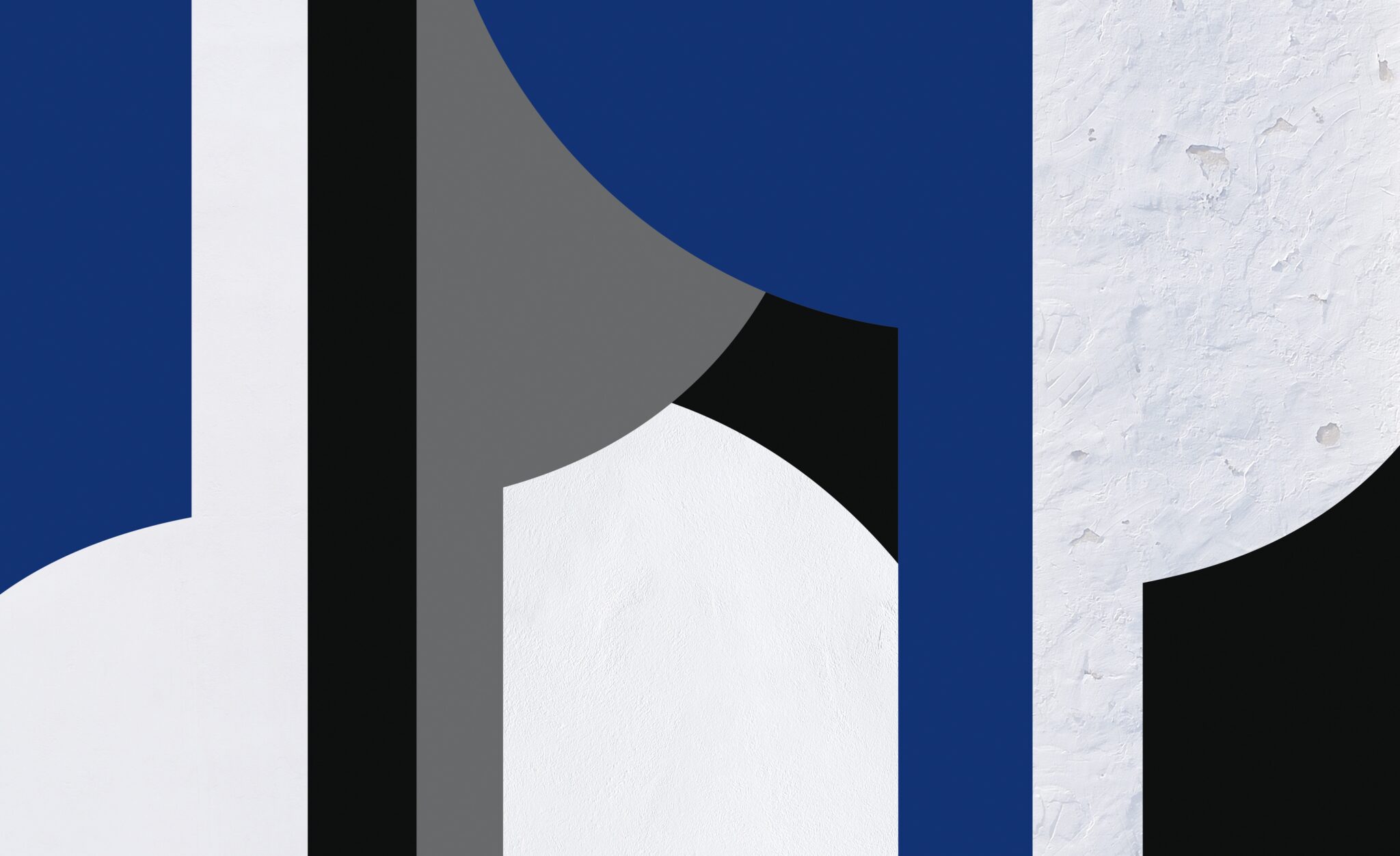 Odyssey by Marianna Lourba, abstract composition of blue, black, grey and white arched forms